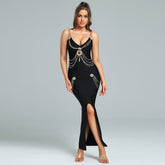 Metal Ornamental Buckle Chain Maxi Bandage Dress